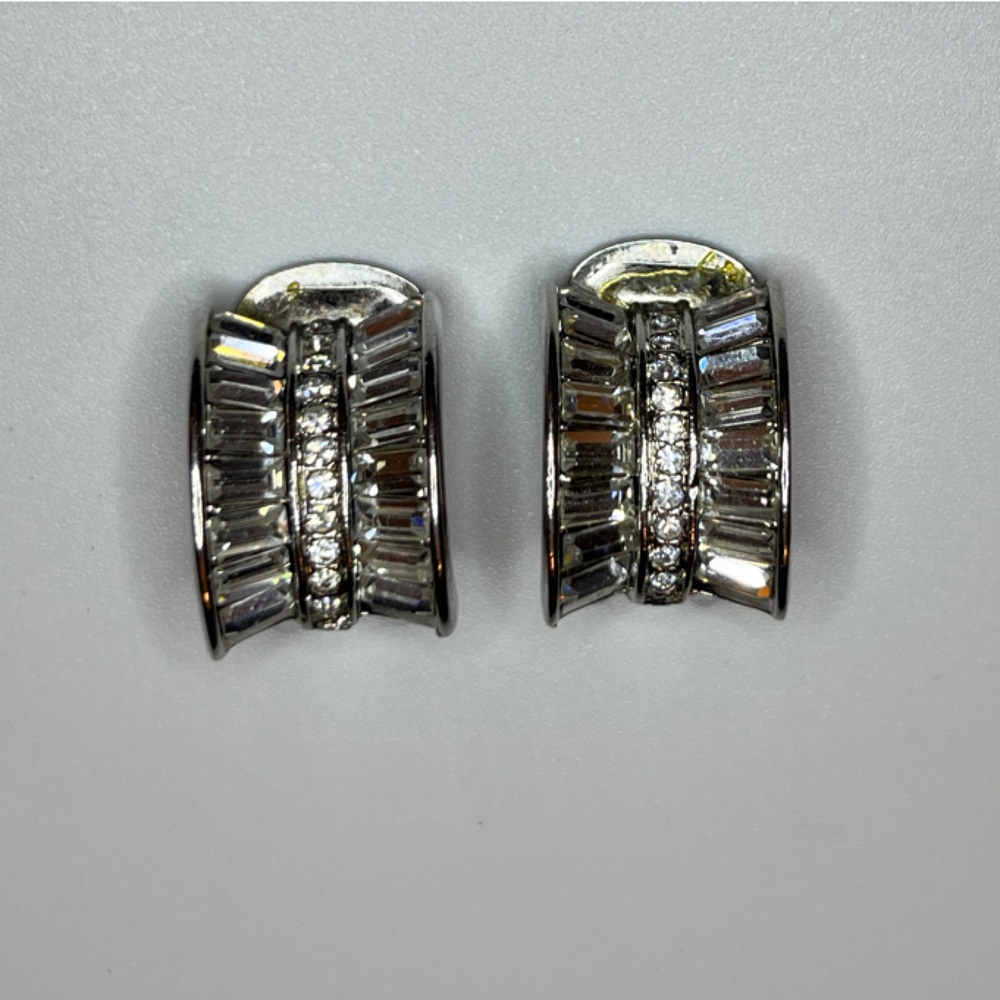 Nolan Miller Silver-Tone Baguette and Round Crystal Clip Earrings
